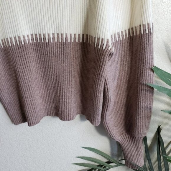 Nordstrom Mocha & Cream Mock Neck Ribbed Puff Sleeve Knit Sweater Soft size M - Picture 11 of 11